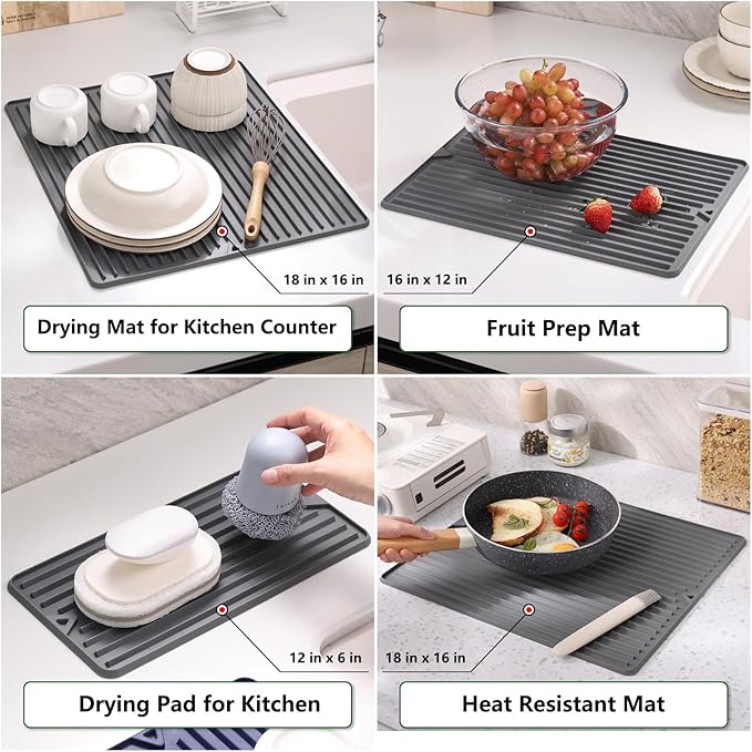 Dish Drying Mat, Elegant Drying Mat for Kitchen Counter, Multipurpose Durable Food Grade Silicone Mat, Non-slip Quick Water Releasing Drying Pad for Dish, 18 x 8.5 Inches Grey
