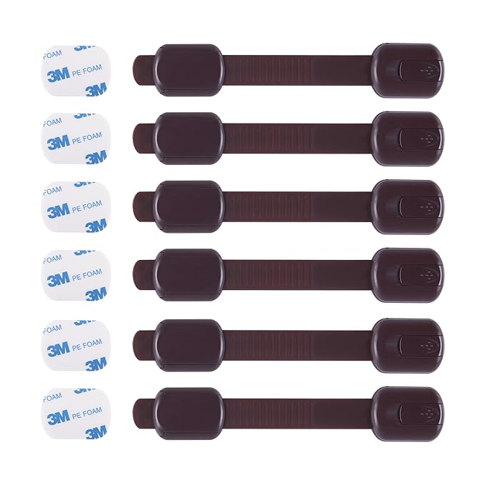 CUTESAFETY - Child Safety Cabinet Locks (6 Pack) – Adjustable Baby Proofing Strap Latches with Strong 3M Adhesive – No Drill Childproof Locks for Drawers, Cabinets, Fridge, Door, Closet, Brown