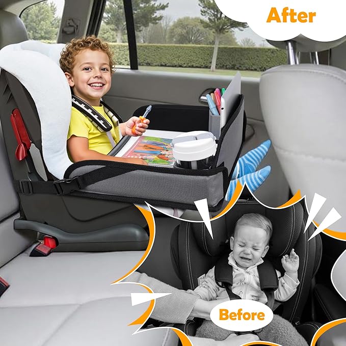 Kids Travel Tray for Toddler Carseat, Road Trip Activities Essentials, Kids Lap Desk Tray with Tablet Holder Stand and Dry Erase Board, Grey