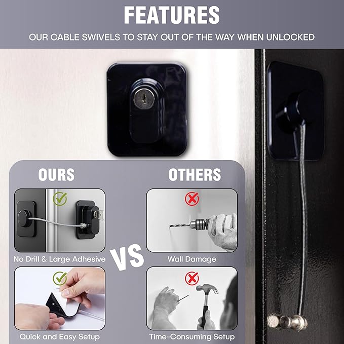 2Pcs Refrigerator Lock with Keys, Child Proof Cabinet Lock With Strong Adhesive, ABS Plastic & Stainless Steel Wire, Multi-Purpose Baby Proof for Fridge, Freezer, Cabinets, Drawers, Oven, Toilet & RVs