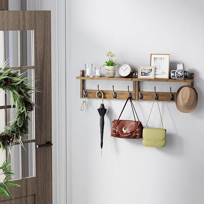 STELLSTAR Coat Rack with Shelf Wall Mount, Entryway Bamboo Hanging Shelf, Set of 2, Wall Hook Rail for Hallway Décor, Storage Clothe, Hat, Robe, Key, Dog Leash (Walnut)