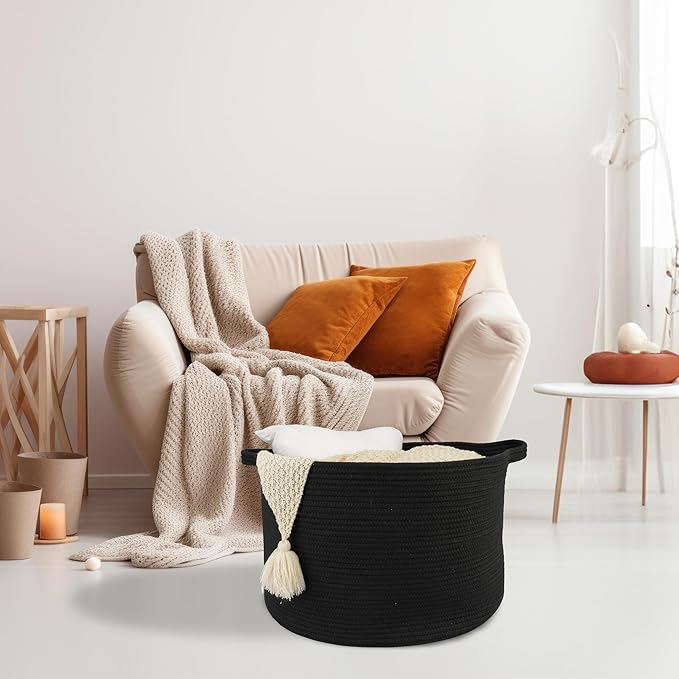 XUANGUO Large Cotton Rope Basket Blankets Basket Living Room 22"x14" Toy Baskets for Kids and Dogs Rope Storage Baskets for Nursery Woven Laundry Baskets for Clothes Towels round black