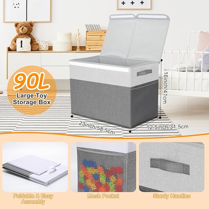 Fiwochic 3 Pack 23" Large Toy Storage Box with 11" Cubes Bins, Collapsible Toy Organizer Chest with Lids for Kids Nursery Playroom Bedroom Living Room Christmas Ornament Storage Box(Grey White)