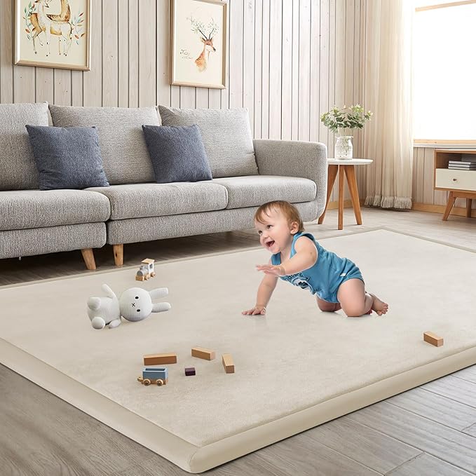 Baby Play Mat for Floor Nursery Rug Muscle Mat Area Rug Playroom Rug 79"x138" Playpen Mat Memory Foam 1.3" Thick Crawling Mat for Babies,Toddlers, Infants, Kids,A Beige