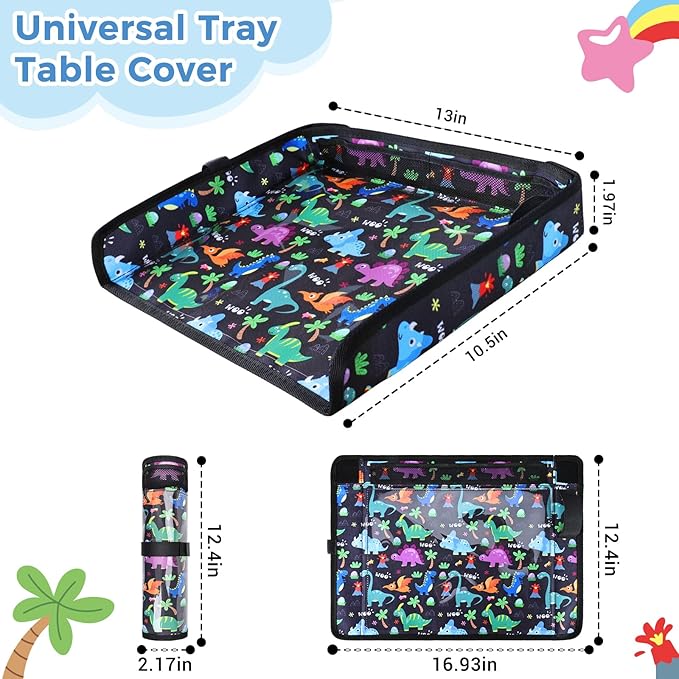 COOLBEBE Airplane Tray Table Cover, Foldable Travel Tray Cover for Toddlers 1-3, Universal Fit for Airplane, Car Seat, High Chair, Machine Washable, Portable, Black Dinosaur