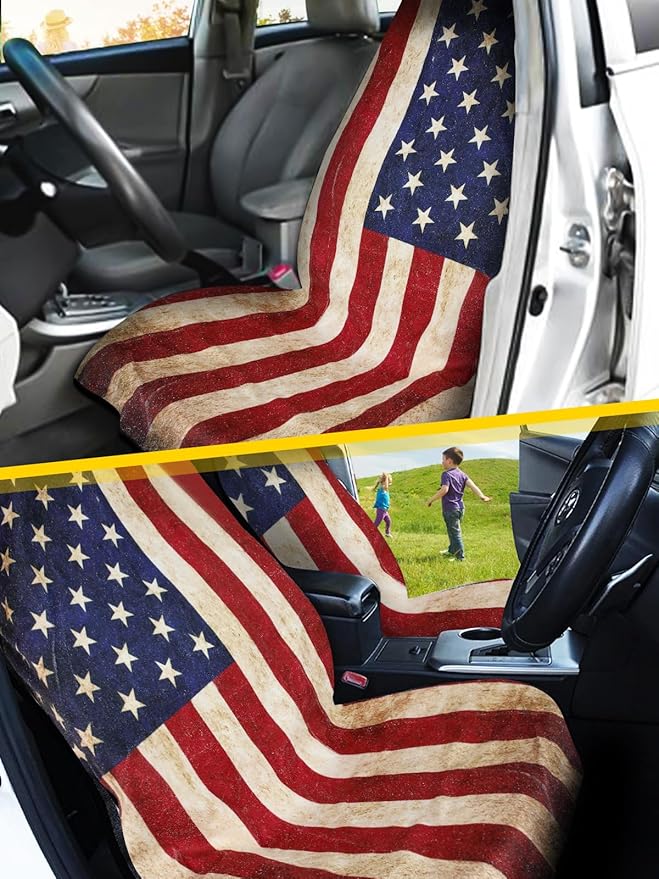 ZIMABLUE Towel Seat Cover - Waterproof Terry Cloth Front Seat Protector for Gym and Beach, Sweat-Absorbent, Non-Slip(American Flag,2 Pack)