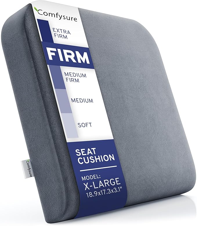 ComfySure Seat Cushion Extra Large - Firm Memory Foam Chair Pad for Recliner, Wheelchair, Office Chair, Stadium, Bleacher, Car, Floor, Patio Furniture, Bariatric Overweight Users 19”x17”x3”