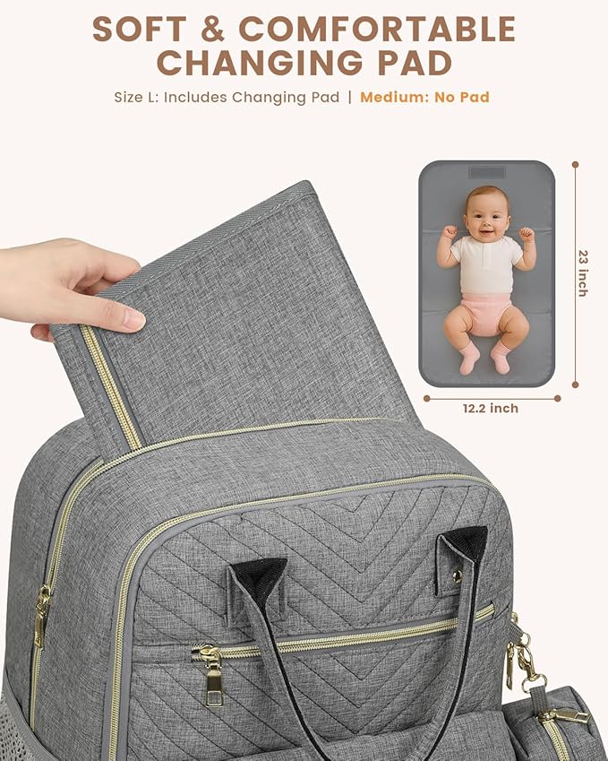 Pritent Diaper Bag Backpack,Baby Essentials Diapers Bag with Pacifier Case,Multipurpose Stylish Large Capacity Travel Backpack for Baby Girl/Boy(L-Grey)