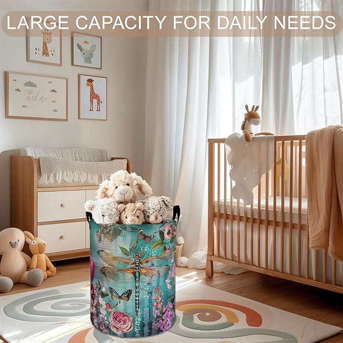 Dragonfly Laundry Basket Hamper 19.7"x15.8", Vintage Floral Foldable Waterproof Oxford Clothes Storage Bucket for Room Bathroom Bedroom Nursery Decor, Toy Organizer Bins Gifts for Kids Boys Girls