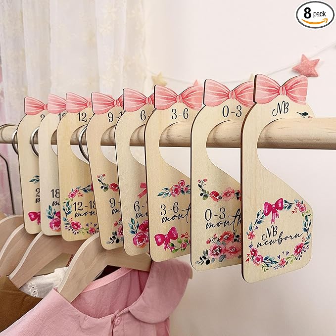 Baby Closet Dividers 8pcs Double-Sided Baby Clothes Dividers for Closet Wooden Nursery Decor for Gilrs Wardrobe-Ideal Baby Size Closet Organizer