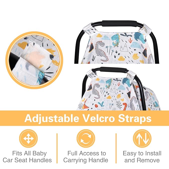 Metplus Car Seat Cover Baby boy, 100% Muslin Cotton Infant Carseat Covers, Lightweight Breathable Car Seat Canopy, Summer Stroller Sun Shade, Newborn Travel Essentials(Dinosaur Party)