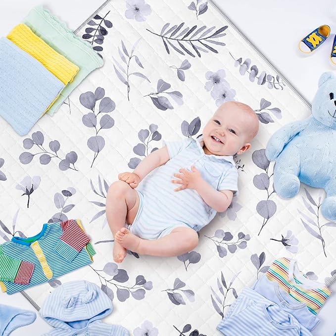 Funtery 43 x 43 Inch Boho Baby Play Mat Portable Crawling Washable Foldable Tummy Time Non Slip Baby Floor Large Playpen Mat for Infants Toddlers Floor Playpen Activity(Watercolor Leaf)