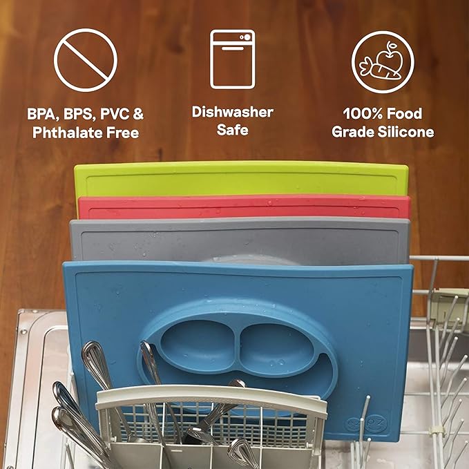 ezpz Happy Mat (Gray) - 24 Months+ - 100% Silicone Suction Placemat + Divided Plate with Three Compartments - Toddler + Preschool Essentials