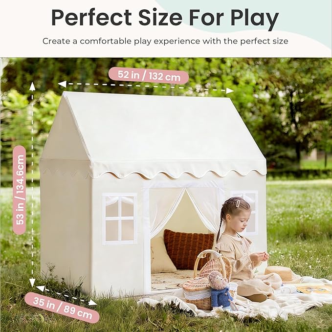 Tiny Land Play Tent with Padded Mat & LED Lights, Kids Tent, Playhouse for Kids, Indoor Bed Tent for Toddler, Toys for 3,4,5,6-Year-Old Girls, Neutral Color Play Room Furniture