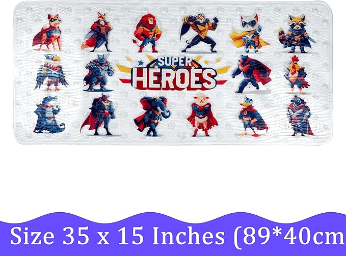 BEEHOMEE Bath Mats for Tub Kids,Baby Toddler - Large Cartoon Non-Slip Bathroom Bathtub Anti-Slip Shower Mats for Floor 35x15,Machine Washable XL Size Bathroom Mats (Super Heroes)