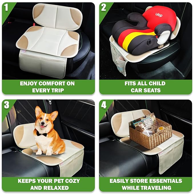 Siivton Car Seat Protector for Kids, Anti-Slip Design, Thick Padding, Prevents Seat Marks, 2 Storage Pockets for Toys & Snacks, Fits Most Cars, Black (Beige, 2 Pack)