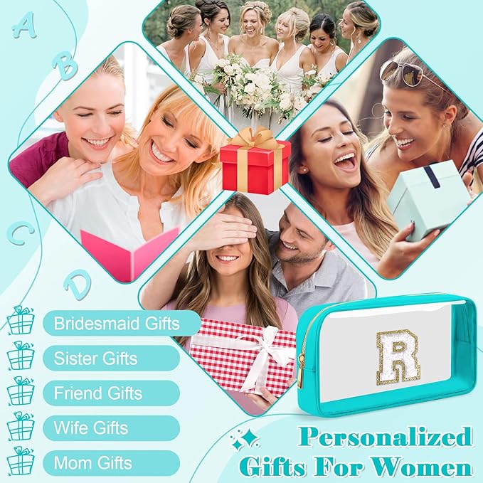 Personalized Initial Letter Clear Makeup Bag,Preppy Small Nylon&PVC Cosmetic Zipper Bag with Chenille Letter,Portable Beach Travel Skincare Toiletry Bag,Trendy Monogram Gift for Teen Girls Women,R