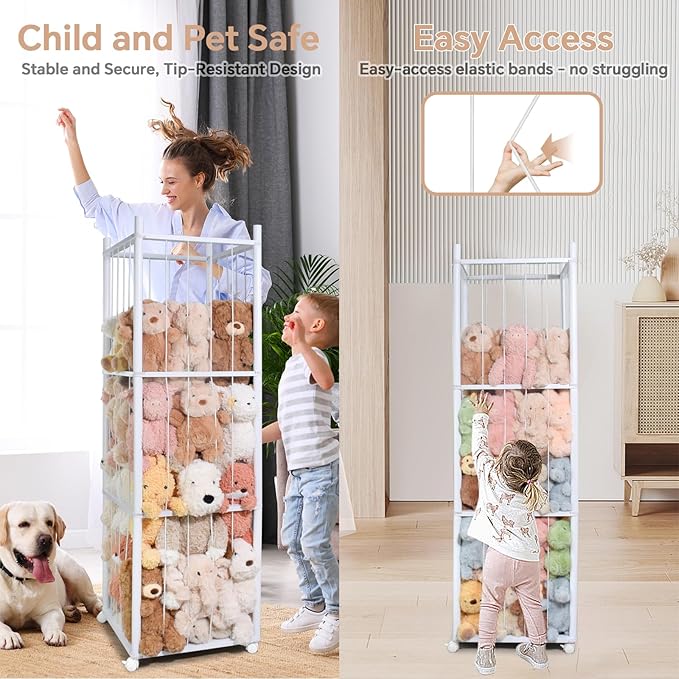 BENCHRY Stuffed Animal Storage Kids, Wood Stuffed Animal Zoo Storage with Brake Wheels, Stuffed Animal Organizer with Elastic Cords for Kids, Perfect for Nursery Playroom Kidroom Bedroom - White