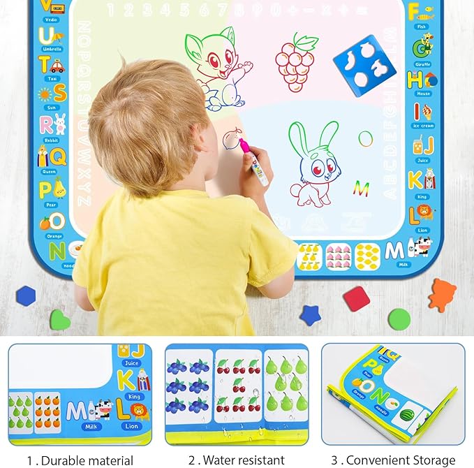 Water Doodle Mat Kids Mess Free Coloring Doodle Mat Educational Toys for 3 4 5 6 7 8 Years Old with Magic Pens Educational Toys Toddler Boys Girls Christmas Birthday Holiday Present