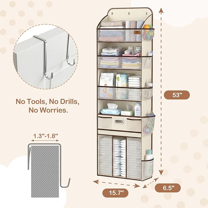 Baby Nursery Over The Door Organizer – 5-Tier 10 Pocket Hanging Storage with Removable Diaper Caddy & 3 Sturdy Hooks, 55LBS Capacity Baby Essentials Holder for Bathroom Bedroom Closet, Beige