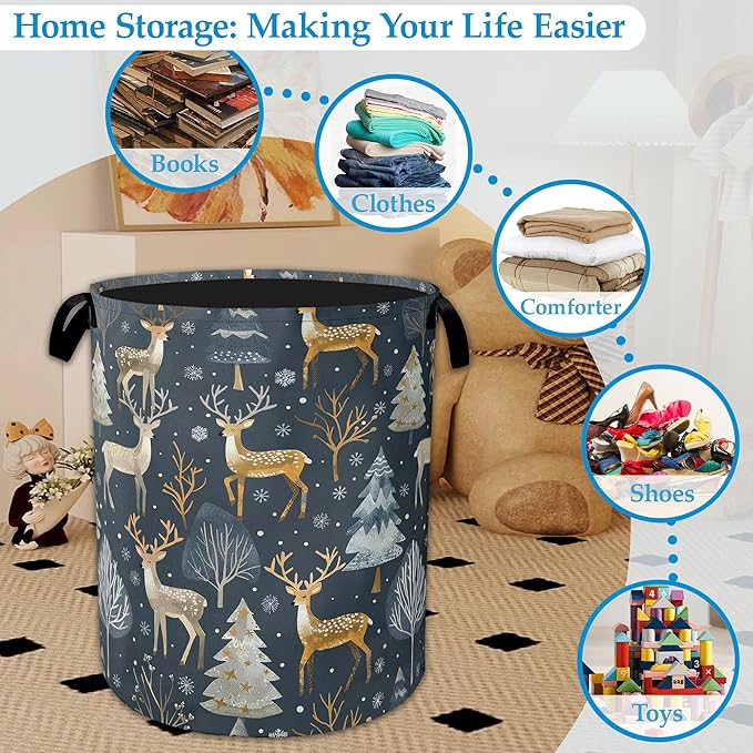 Woodland Deer Laundry Basket Collapsible Laundry Hamper, Oxford Cloth Storage Bin for Room/Bathroom/Bedroom/Dormitories 16" X 20.8"