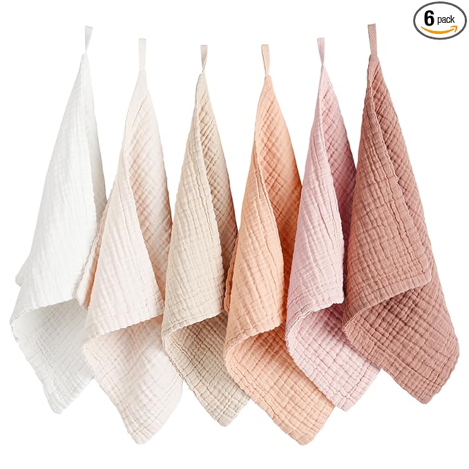 Konssy 6 Pack Baby Muslin Washcloths for Unisex 100% Cotton Wash Cloth Set for Baby Face Body Comfy and Soft for Newborn Infants Kids Girls and Boys
