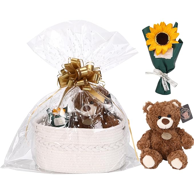 Sea Team Woven Cotton Rope Gift Basket with Gift Bags & Ribbons, Optional Stuffed Bear & Sunflower, Baby Shower Present, Pet Gift or Nursery Storage Bin, 13.4 x 9.1 x 7.1 Inches, White