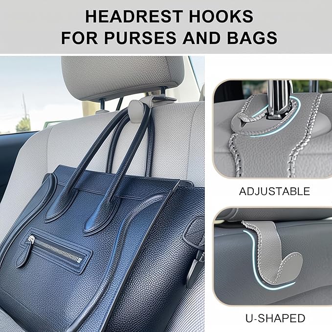 Car Seat Hooks for Purses and Bags, 4 Pack Car Purse Holder for Grocery Bag Handbag Clothes, Metal Headrest Hooks Covered by Leather, Gray