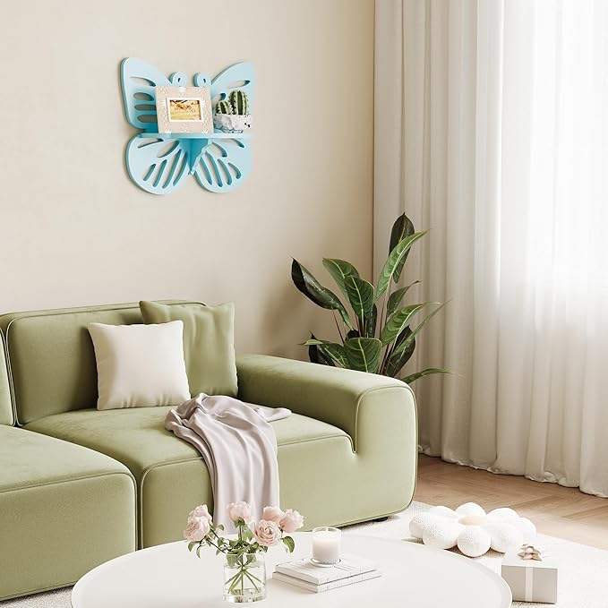Butterfly Shaped Nursery Wall Deor Floating Shelf, Small Decorative Shelf Wall Mounted, Cute Wall Display Rack for Kid’s Room, Hanging Wall Shelf for Toys, Plants and Decorations Storage,Light Blue