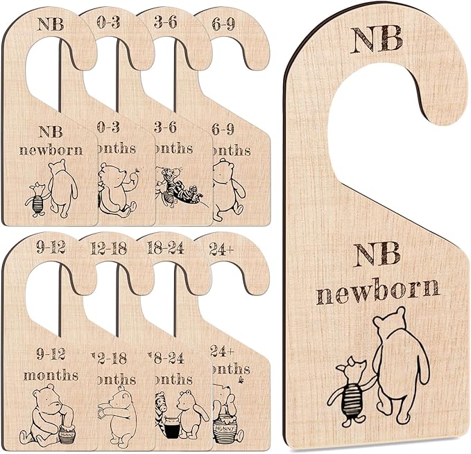8Pcs Winnie Baby Closet Dividers for Newborn, Classic Winnie Baby Nursery Decor Wooden Hanger, the Pooh Clothes Dividers for Closet, Double-Sided Party Decor