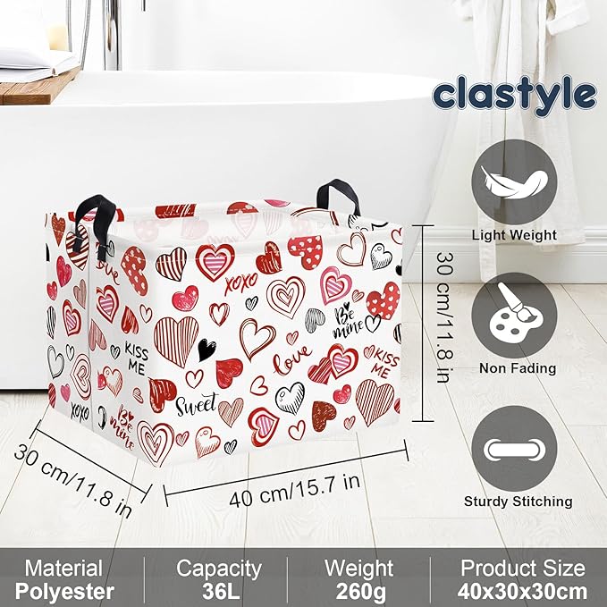 Clastyle Rectangular Line Love Baby Storage Basket Fabric Organizer Bin for Toys Books ClothesGifts Pets, Perfect for Home Office Nursery Dorm Shelf Kid Boy Girl Room(Red Pink Hearts)
