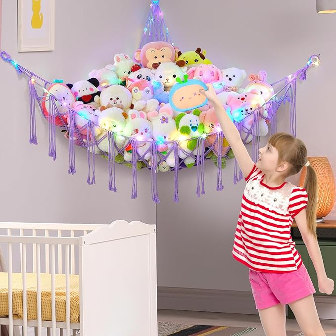 Basumee Stuffed Animals Net or Hammock with LED Light, Hanging Stuffed Animals Storage Toy Hammock Net Corner Wall Girls Room Decor Toy Storage Organizer, Purple, XL