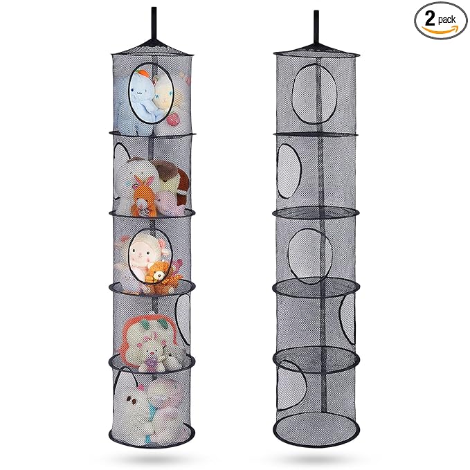 Basumee Stuffed Animals Net or Hammock 2 Pcs Stuffed Animals Storage Toy Net Hammock for Plushies Storage Organizer Mesh Kids Girls Room Decor, Black, 5 Tiers