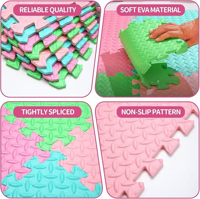 Coolcandy Baby Foam Play Mat 16Pcs with Edge Strips, 4 Colors Interlocking Floor Tiles, 0.4″ Thickened Non-Slip Puzzle Floor Mat for Infants Toddlers Playroom & Daycare