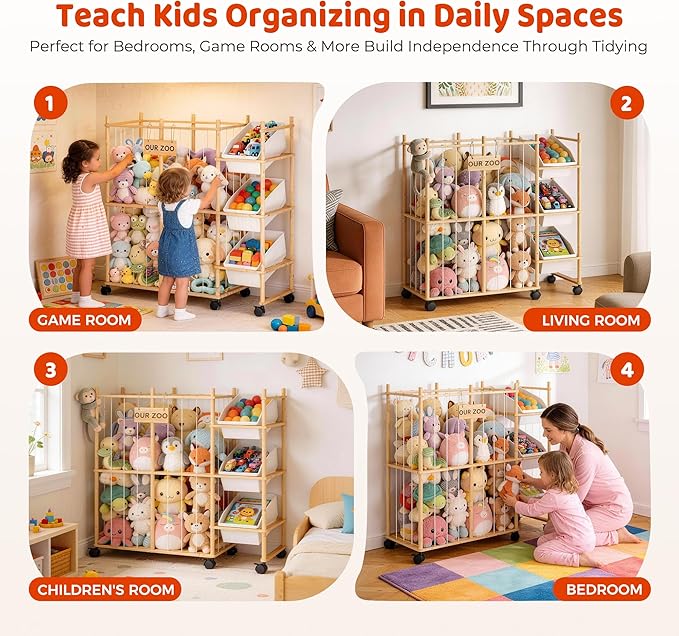 Toy Storage Organizer with 3 Removable Bins, Kids Storage Toy Shelf Organizer for Stuffed Animal Holder for Bedroom Playroom Nursery | Wood & White