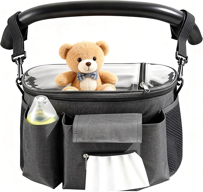 Smlper Stroller Organizer with Cup Holders, Adjustable Universal Organizer Caddy Bag - Phone Pocket & Detachable Strap for Baby Stroller and Pet Stroller (Grey)
