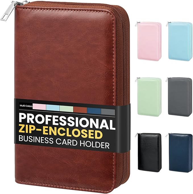 Sooez Zip-Enclosed Business Card Holder Organizer, Professional Credit Card Case Book for Women Men, 240 Capacity, Premium Vegan Leather Gift Card Organizer Storage, Business Card Wallet, Brown