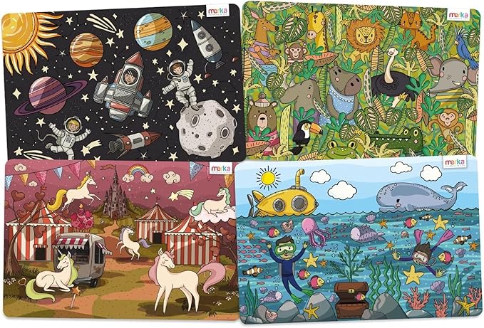 merka Kids Placemats - 17 x 11 in, Multicolor, Set of 4 - Washable Plastic Dining Table Placemats - Reusable & Wipeable Ocean, Space, Jungle & Unicorn Themes - Ages 2+