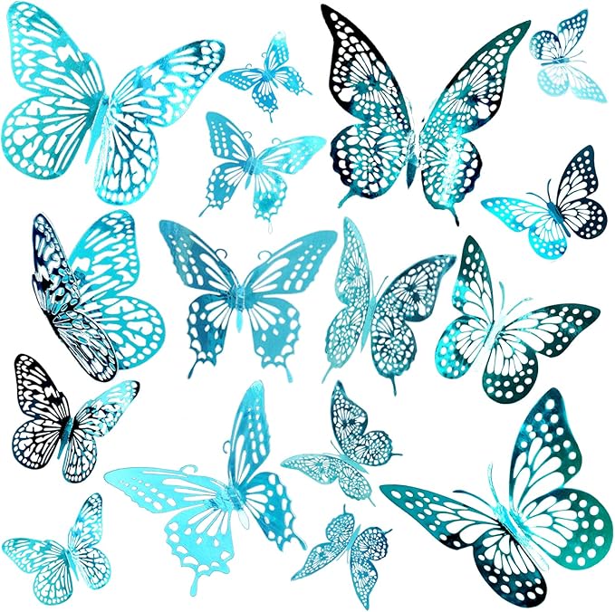 JOSDIOX 3D Turquoise Blue Butterfly Wall Stickers - 48 Pcs with 4 Styles & 3 Sizes, Removable Decor for Party Birthday Wedding Cake Balloon Decoration （48 Blue