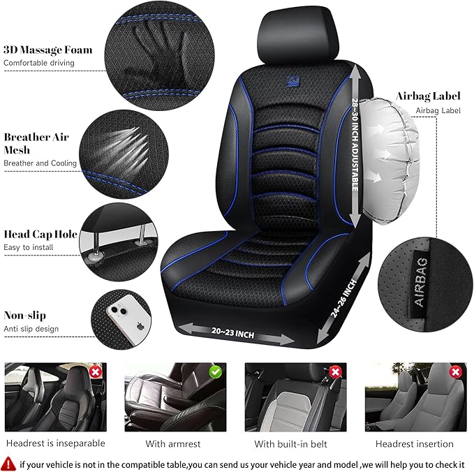 CAR PASS Comfortable 3D Foam Mesh Leather Car Seat Covers Full Sets, Air Cool Mesh Breathable Seat Covers for Car, Universal 5 Seats Fit for SUV Truck Sedan Automotive, Airbag Compatible,Black Blue