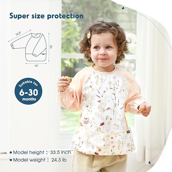 GRSSDER 2 Pack Long Sleeve Baby Feeding Bibs, Super Soft Lightweight Waterproof Coverall Baby Led Weaning Bib with Large Food Catcher Pocket, Adjustable and Easy Clean for 6-30 Months