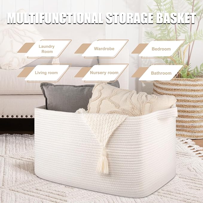 SIXDOVE 95L Large Storage Basket, Cotton Rope Woven Blanket Basket, Toy Storage for Baby Room, Living Room, 24" x 16.9" x 14.2", White