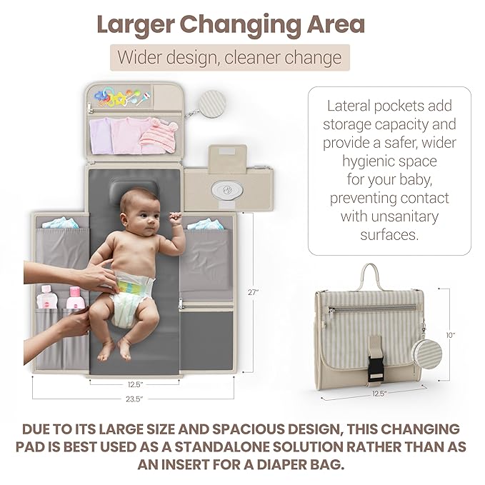 Portable Diaper Changing Pad - Large, Waterproof Travel Changing Pad for Baby with Extra Storage, Wipes Pocket & Pacifier Case - Portable Diaper Changing Station - Beige Striped