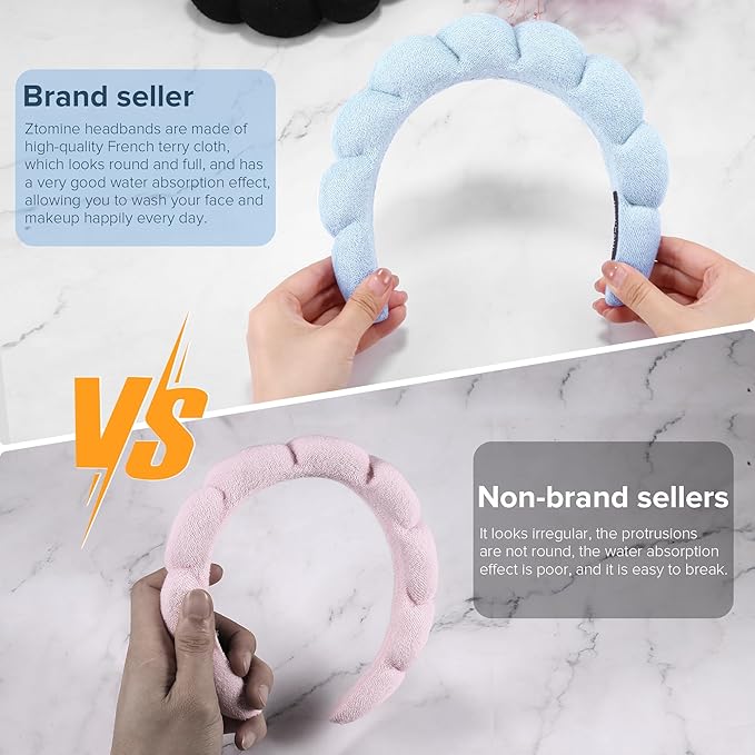 Face Wash Headband, Set of 2 - Terry Cloth Spa Headbands for Washing Face or Facial, Puffy Makeup Headbands for Skincare, Mask, Hair Salon, Professional Use (Black & Blue)