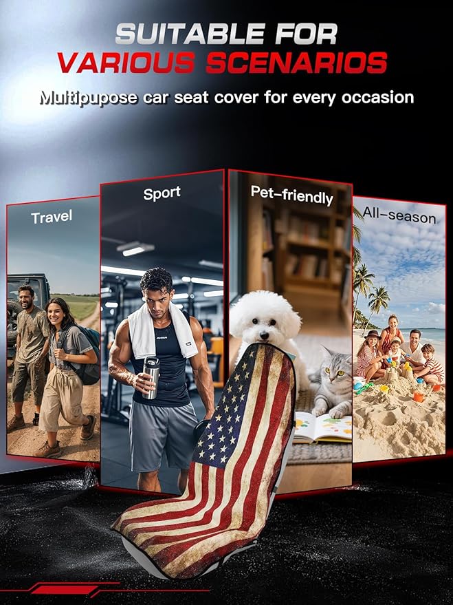 TESFEEL Universal Car Seat Cover Towel, Waterproof Washable Sweat Protection for Front Bucket Seats, Non-Slip Fit, Fits Cars SUVs Trucks, Ideal for Gym, Kids, Pets, (American Flag, 1 Pack)