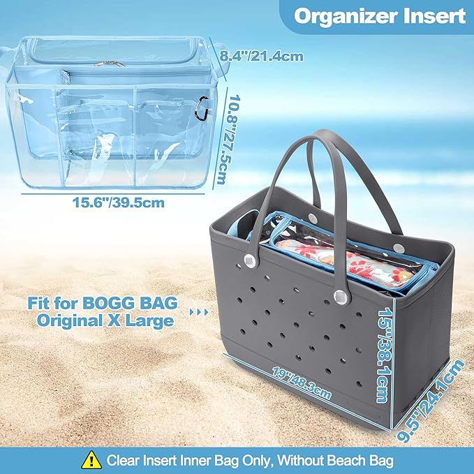 Clear Beach Bag Organizer Insert Compatible with BOGG BAG Original X Large, Zipper Organizer Liner Compatible with BOGG BAG Original X Large, Insert Divider Pouch with 2 Compartments, Blue