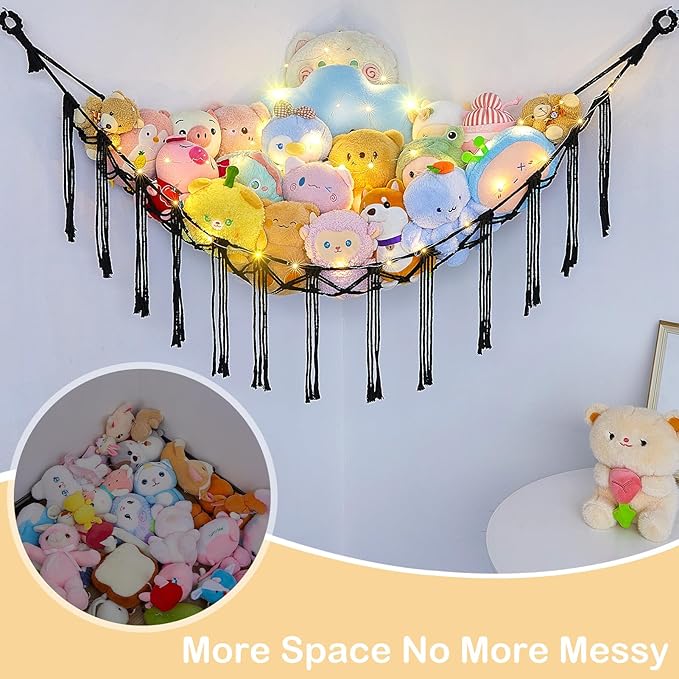 Basumee Stuffed Animals Net or Hammock with LED Light, Hanging Stuffed Animals Storage Toy Hammock Net Corner Wall Girls Room Decor Toy Storage Organizer, Black, L
