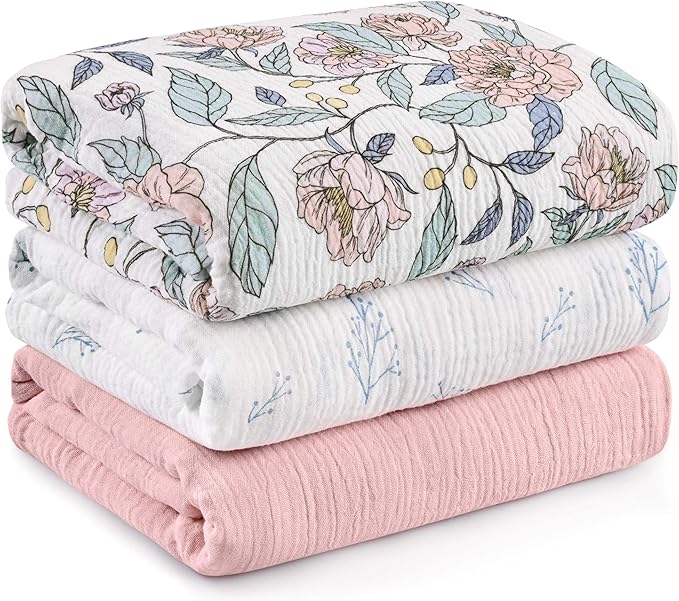 Muslin Swaddle Blankets for Newborn, 3 Pack Breathable Soft Receiving Blanket, Large 38 x 40 inches Swaddle Wrap Burping Clothes, Essentials Infant Shower Items, Toddler Gift (Cute Flower)