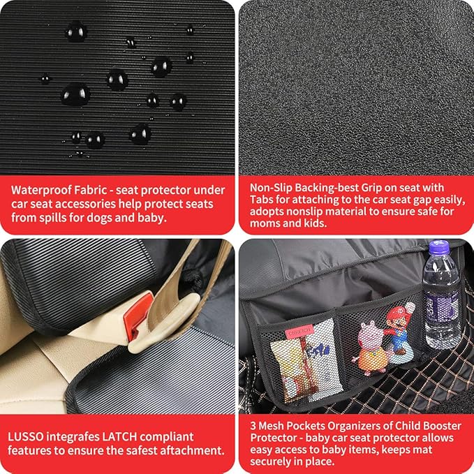 Car Seat Protector - Seat Protection Mat - Thick Padding - Durable, Waterproof Fabric, Leather Reinforced Corners & 3 Pockets for Handy Storage (2 Pack) Black