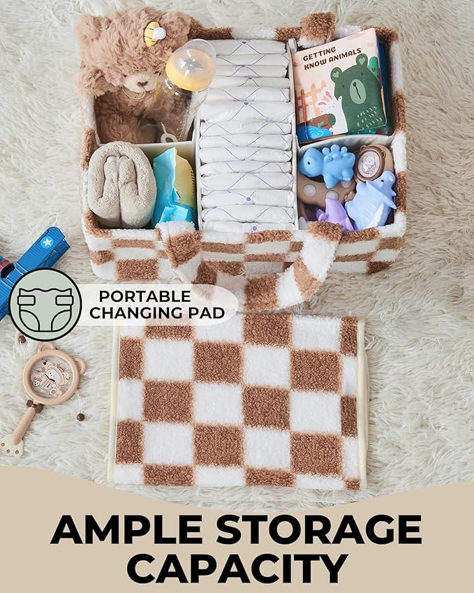 Toodly Checkered Diaper Caddy Organizer with Portable Changing Mat - Teddy Fleece Diaper Organizer for Changing Table - Caddy Organizer with Removable Dividers - Light Taupe and White